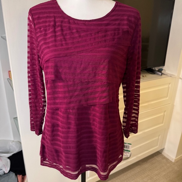 Alfani Mesh Cranberry Striped Paneled Top, Fushia, Purple, Petite Large, New - Picture 1 of 5